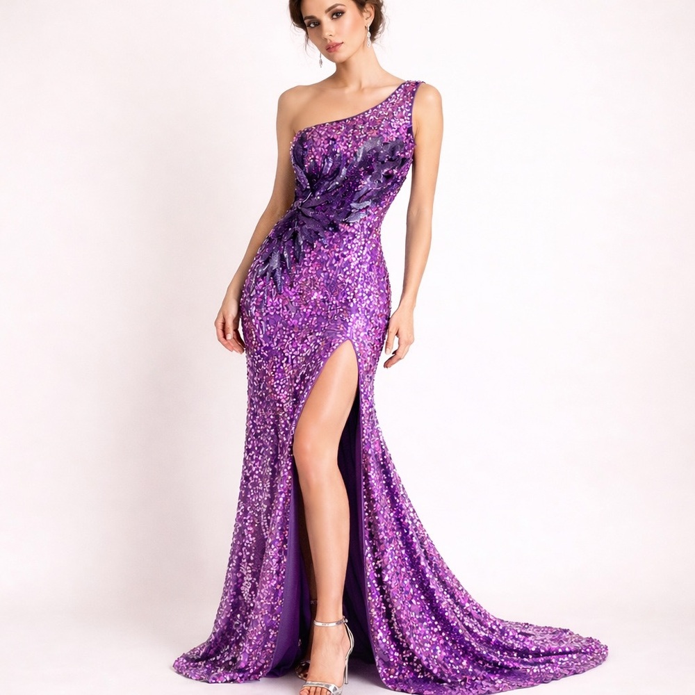 Primavera One Shoulder Statement Sequin Gown High Slit Maxi Floor Lenght S